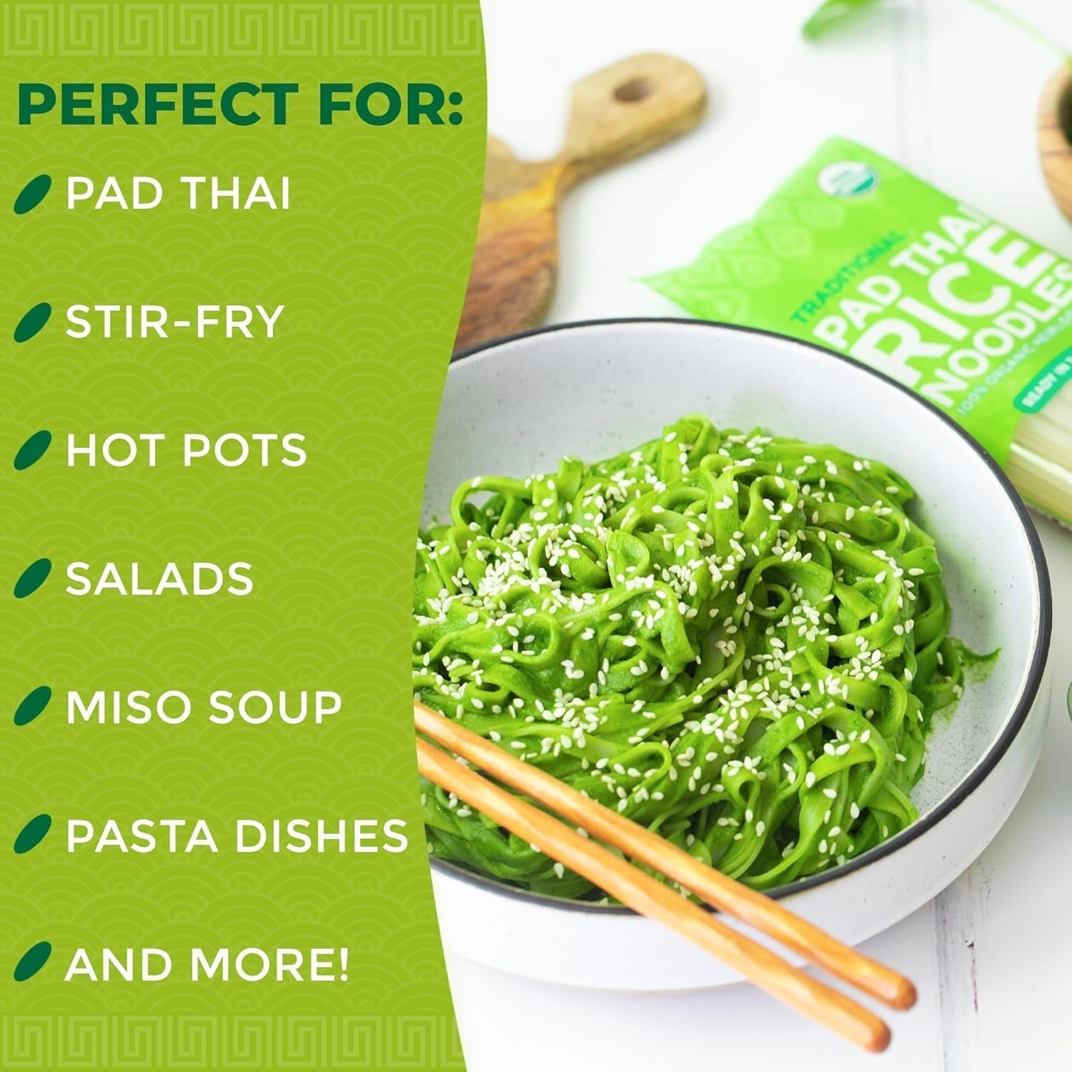 Traditional Pad Thai Rice Noodles - Pad Thai Noodles, Asian Noodles, Gluten Free Noodles, Rice Noodles, Whole Grain, Non GMO, USDA Organic - 8 Oz (Pack of 3)