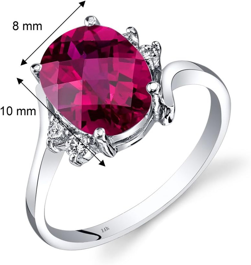 Created Ruby and Genuine Diamond Ring for Women 14K White Gold, Bypass Solitaire Design, 3.50 Carats Oval Shape 10X8Mm, Size 7