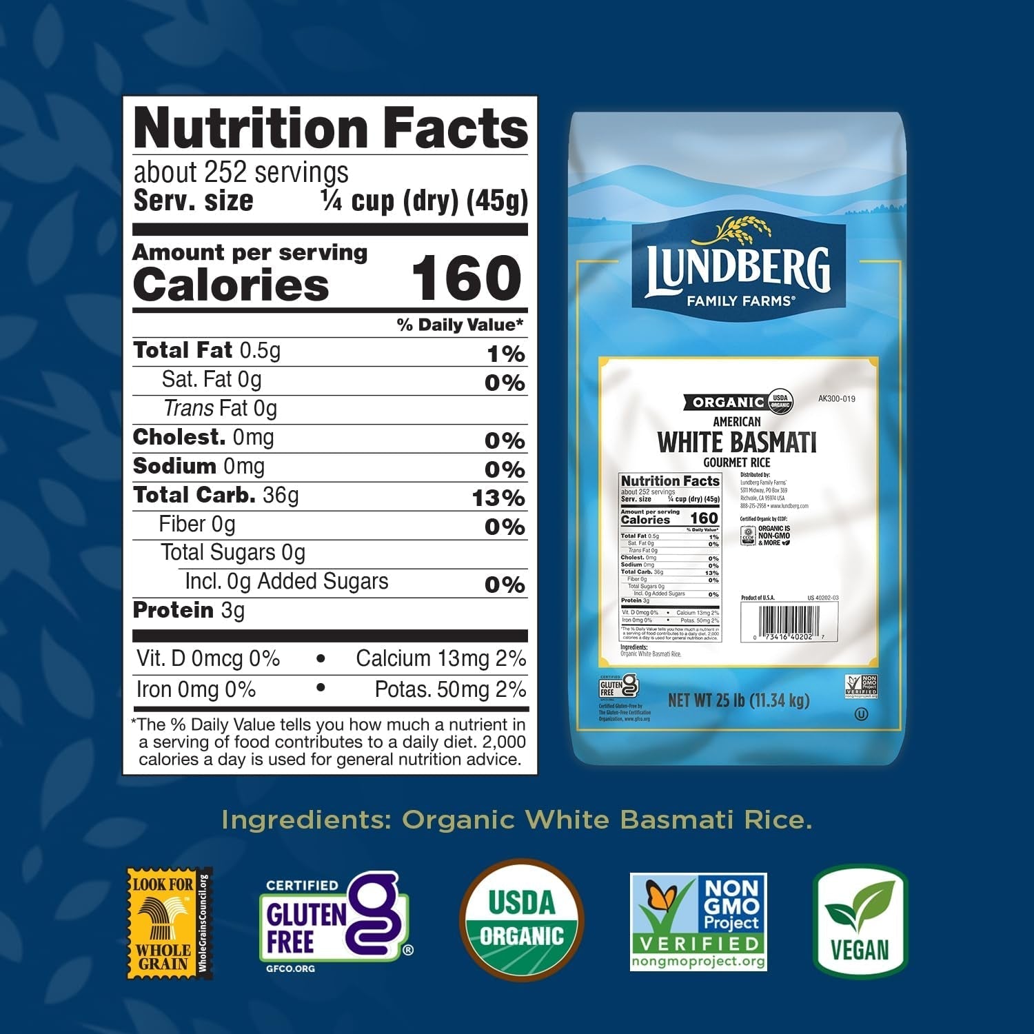 Basmati Rice, Organic Long Grain White Rice - Non-Sticky, Fluffy, Nutty, Aromatic Rice, Vegan Food, Healthy Meals, Gluten-Free Rice Grown in California, 25 Lbs