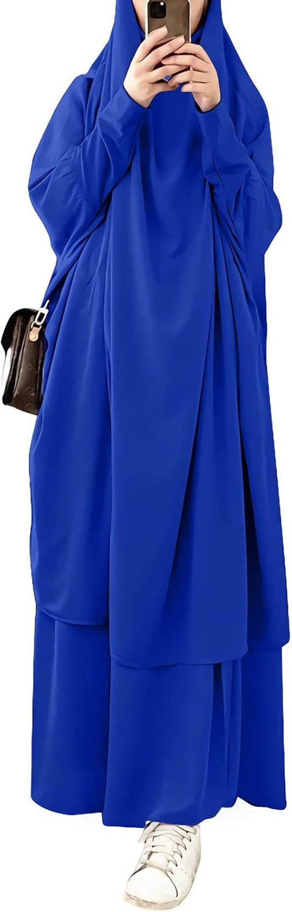 Womens Muslim Abaya Solid 2 Piece Prayer Dress Islamic Maxi Kaftan with Hijab Dubai Full Length Dress