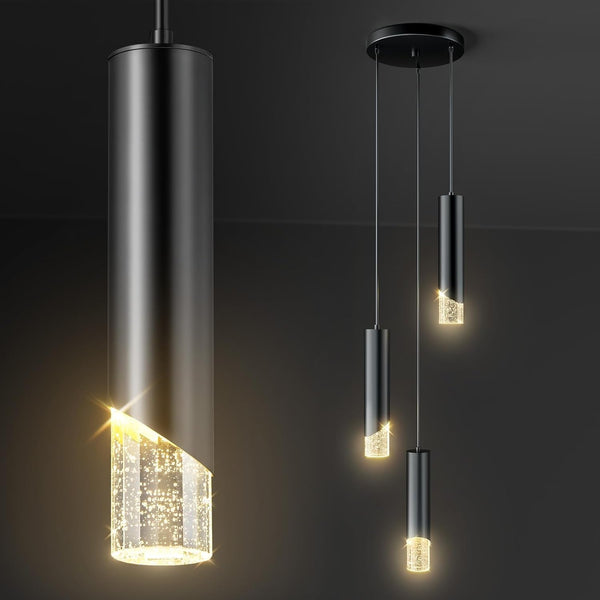 Modern Pendant Lights, 3-Lights Crystal Pendant Lighting for Kitchen Island, Dimmable Hanging Light Fixture with Adjustable Height for Kitchen, Dining Room, Bedroom (3-Lights, Black)