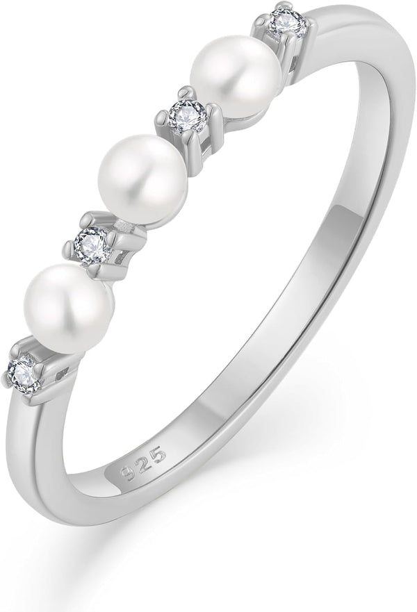 Pearl Ring 925 Sterling Silver Stackable Ring for Women, Freshwater Cultured Pearl Ring Promise Band Jewelry Gifts for Her
