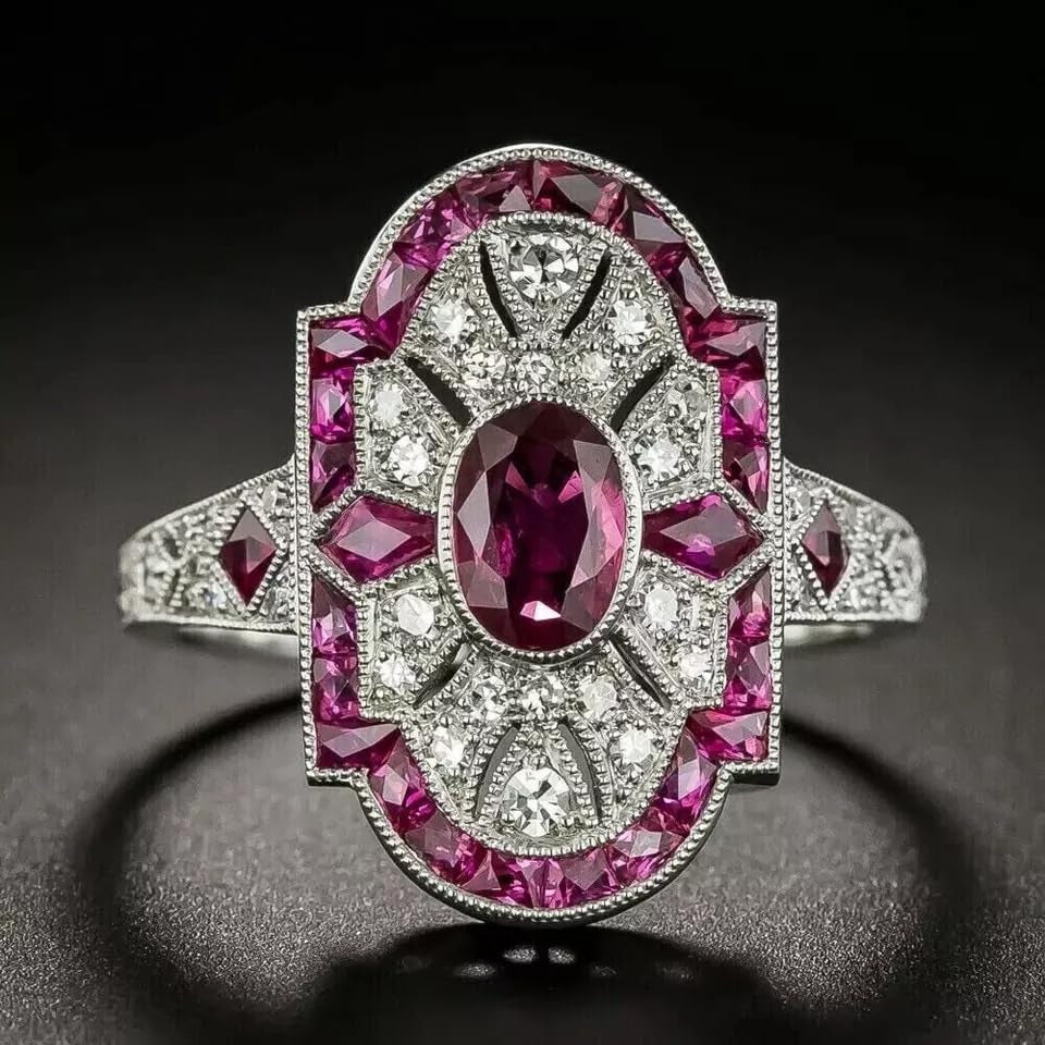Art Deco Vintage Oval Cut Ruby & Lab Created Diamond 925 Silver Engagement Ring