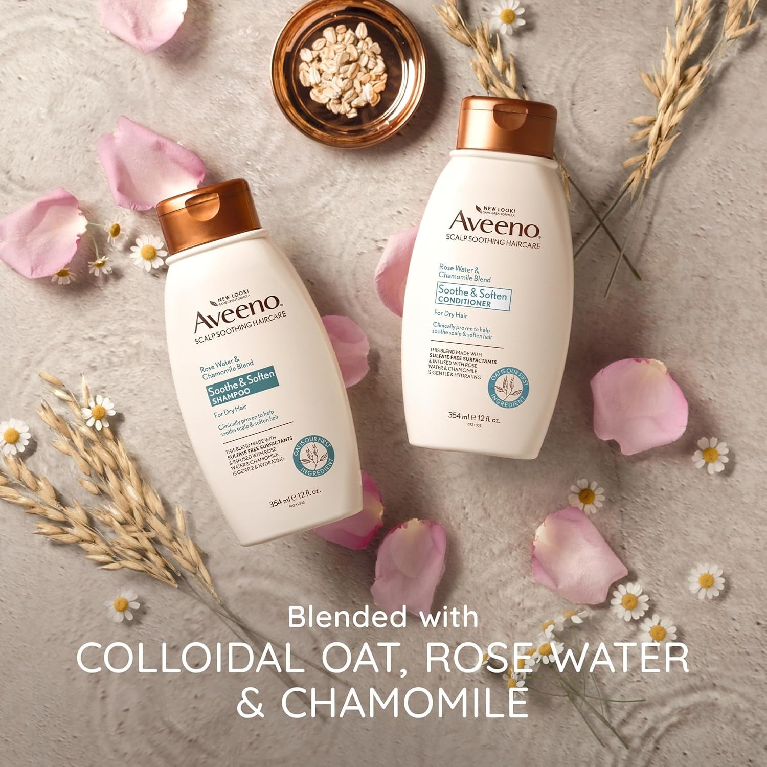 Aveeno Rose Water & Chamomile Blend Sulfate-Free Conditioner with Colloidal Oat for Dry Sensitive Scalp, Gentle Cleansing Conditioner for Fine, Fragile Hair, Paraben & Dye-Free, 12 Fl Oz