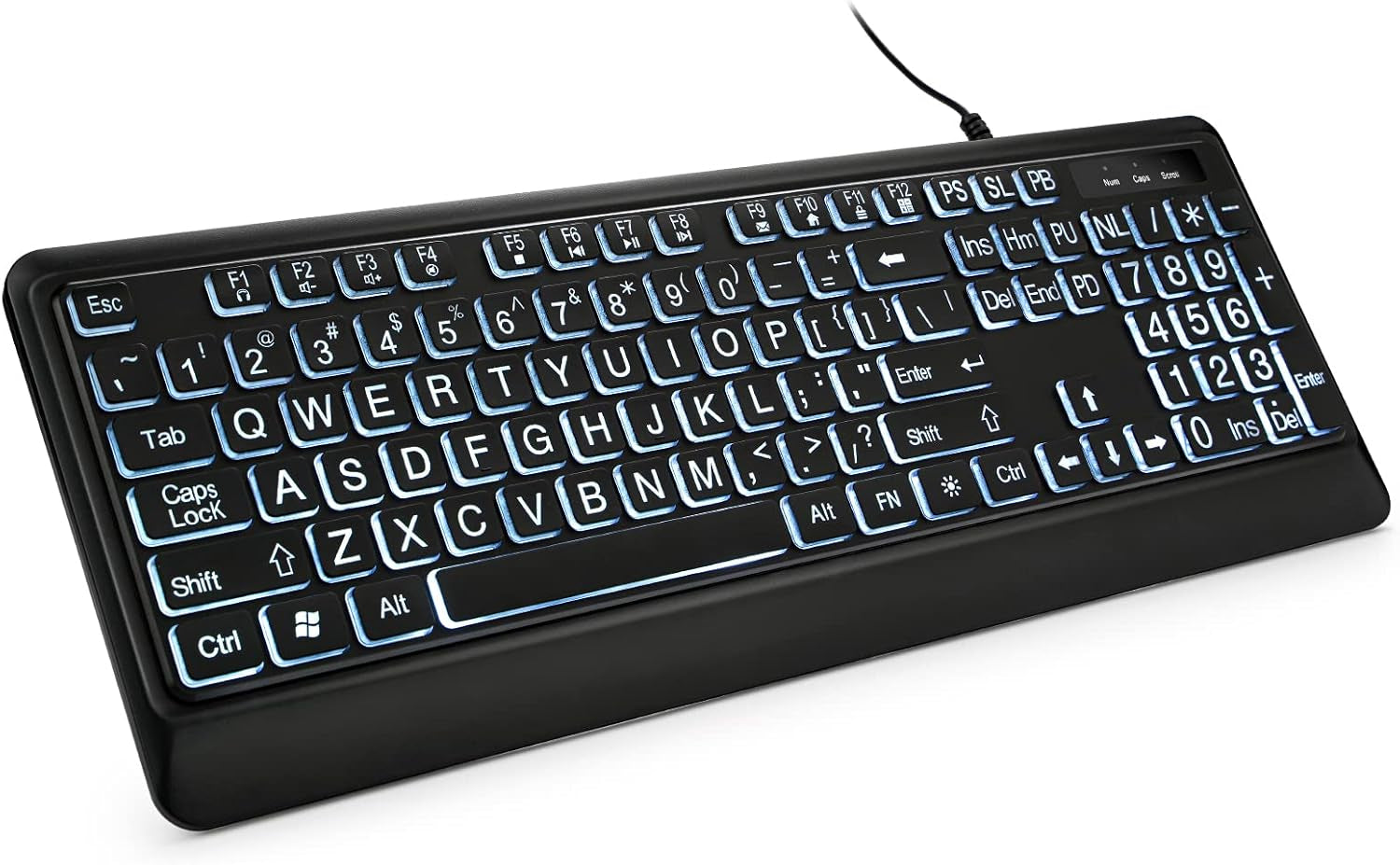 Large Print Backlit Keyboard, Quiet USB Wired Computer Keyboard, Full Size Keyboard with White Illuminated LED Compatible for Windows Desktop, Laptop, PC, Gaming, Black