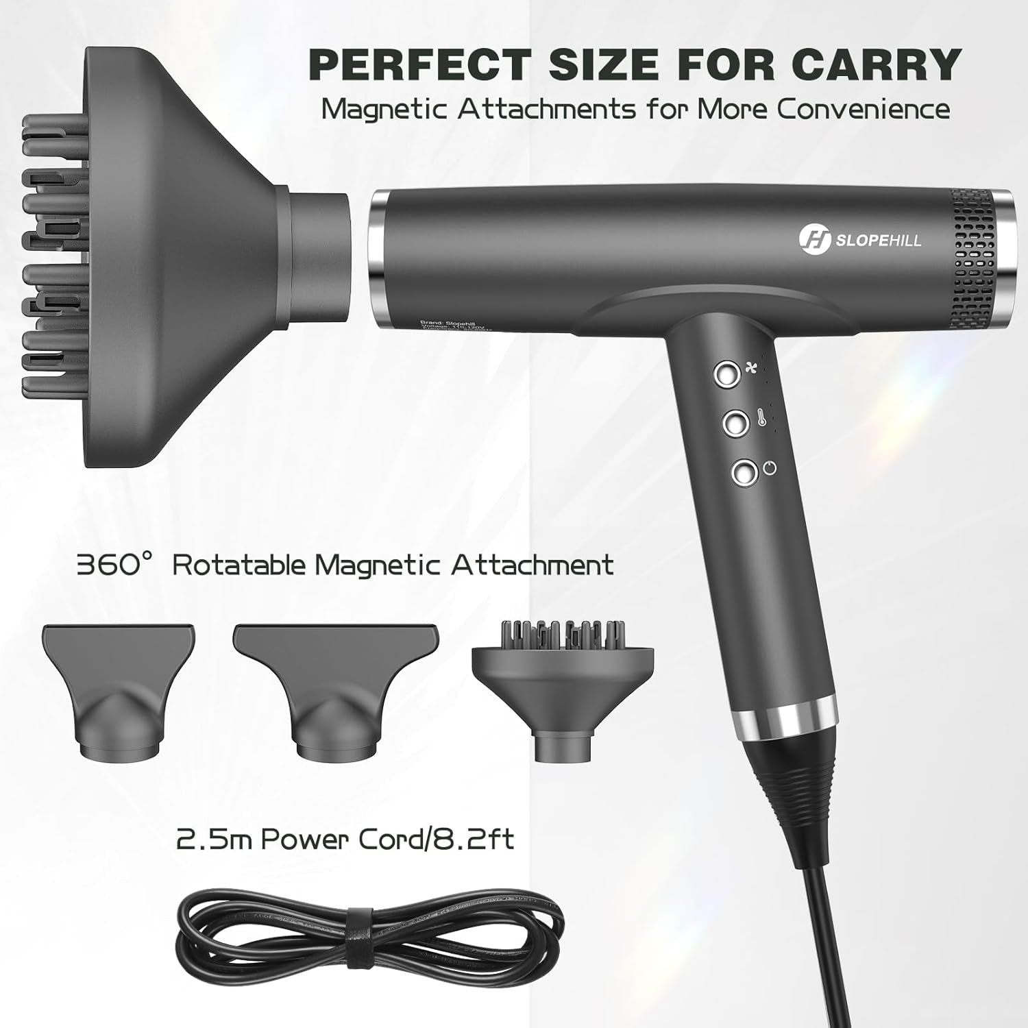 Professional Hair Dryer with Diffuser, Ionic Hair Dryer,Lightweight Compact Powerful & Fast Salon Blow Dryer with High Speed Brushless Motor, Travel Hair Dryer, Women & Men (Ceramic, Dark)