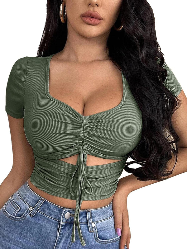 Women'S Summer Sexy Crop Top Ruched Y2K V Neck Slim Short Sleeve Casual Basic Knit T Shirt Workout Tops Army Green