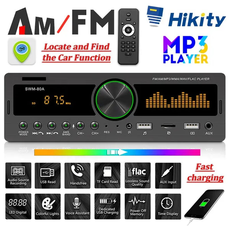 Hikity 1DIN In-Dash Car Radios Stereo Car MP3 Player Autoradio Bluetooth 12V Car Audio Music Support USB/SD/AUX-IN/AM/FM with Remote Control + Locate and Find the Car Function