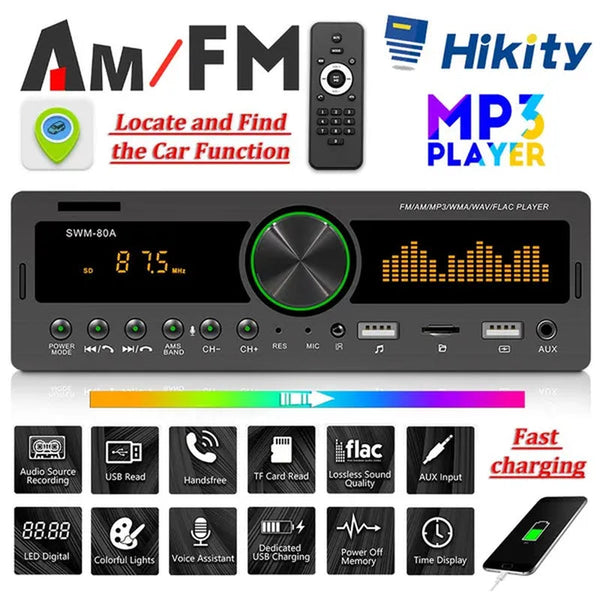 Hikity 1DIN In-Dash Car Radios Stereo Car MP3 Player Autoradio Bluetooth 12V Car Audio Music Support USB/SD/AUX-IN/AM/FM with Remote Control + Locate and Find the Car Function