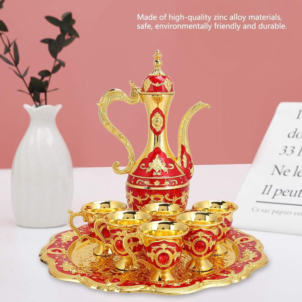 Metal Wine Drinking Cups Hip Flask Set, European Retro Wine Pot Russian Colored Tin Wine with Wine Glass Alloy Six Cup Set Wedding Gift Household Ornaments/431 (Color : Red)